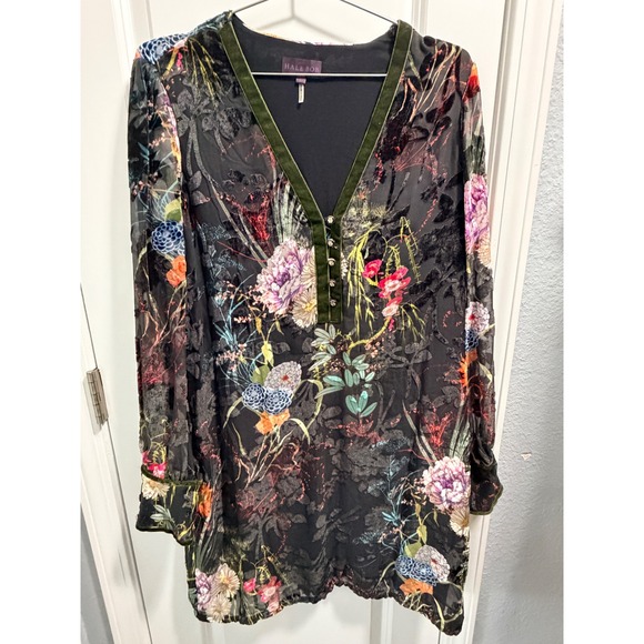 Hale Bob Dresses & Skirts - Hale Bob Floral Burnout Velvet Trim Tunic Dress Black Silk Blend 98RD6738 L